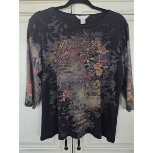 Christopher & Banks Parisian Floral Top Women's Med French Motif Artsy Graphics